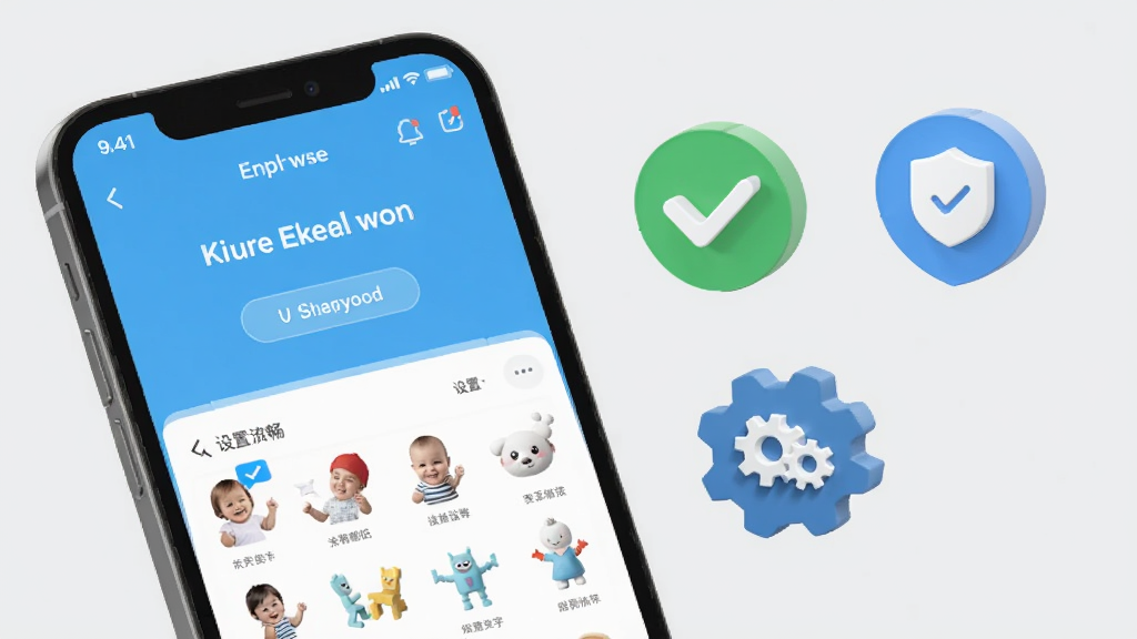 一张展示萌宝成长助手在手机上运行流畅的示意图,画面中手机屏幕显示APP主界面,旁边有对勾、盾牌、齿轮等图标代表设置与安全,背景为浅灰色,风格简洁商务,排版清晰,画质高清,无多余元素