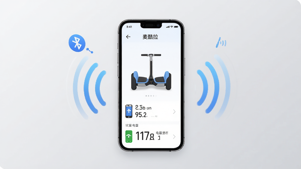 麦酷拉APP首页展示智能平衡车连接状态与电量里程数据,手机屏幕居中放置,背景为浅灰渐变,主体突出APP界面与平衡车图标,布局上手机位于画面中央,周围环绕蓝牙信号与数据波纹元素,风格为科技简约扁平化,细节包含清晰的图标与数字,画质高清,干净,无多余元素