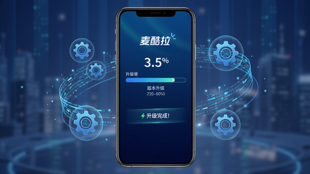 麦酷拉APP固件升级界面,手机屏幕显示升级进度条与版本号,背景为深蓝色科技感渐变,布局为手机居中,周围环绕数据流与齿轮图标,风格为科技动感,细节包含百分比数字与升级完成提示,画质高清,干净,无多余元素