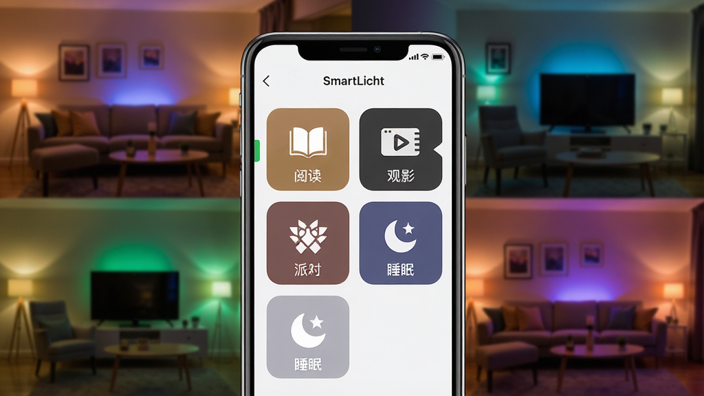һ��չʾSmartLicht����ģʽ���ܵ�ͼƬ������Ϊ�ֻ���Ļ��ʾ����ѡ����棬�����Ķ�����Ӱ���ɶԡ�˯�ߵ�ͼ�ꣻ����Ϊ�ֻ����У������ǲ�ͬ�ƹ��Χ�Ŀ���ƴͼ���Ű�����չʾ�����л�Ч�������Ϊ��ܰ�����ϸ����ͼ�꾫�£������ƹ�ɫ�ʷḻ�����ʸ��壬�ɾ����޶���Ԫ�ء�