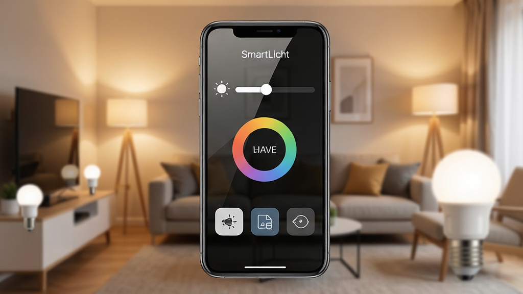 һ��չʾSmartLicht���ܵƹ����Ӧ�ý����ͼƬ������Ϊһ�������ֻ�����Ļ����ʾ�ŵƹ������壬�������Ȼ��顢ɫ�µ��ڻ��ͳ���ģʽͼ�ꣻ����Ϊ�ֻ����У���������ܰ���ִ������������ƹ���ͣ��Ű������������Ϊ�Ƽ����������ϣ�ϸ�����ֻ���Ļ�з����ʸУ��������黯�����ܵ��ݣ����ʸ��壬�ɾ����޶���Ԫ�ء�