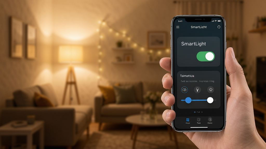 һ��չʾSmartLichtԶ�̿��ƹ��ܵ�ͼƬ������Ϊһֻ�������ֻ����ֻ���Ļ��ʾSmartLichtӦ�ý��棬������Զ�̿��غͶ�ʱ����ѡ�����Ϊ�ֺ��ֻ�λ�ڻ����Ҳ࣬������黯�ļҾӵƹⳡ�����Ű�ͻ���ֻ���Ļ���ݣ����Ϊ�ִ��Ƽ��У�ϸ�����ֻ������������İ�ť�ͻ��飬�����ƹ���ů�����ʸ��壬�ɾ����޶���Ԫ�ء�