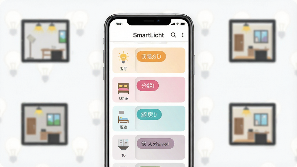 һ��չʾSmartLicht���豸������ƹ��ܵ�ͼƬ������Ϊ�ֻ���Ļ��ʾ�豸�б��ͷ����ǩ������������ҡ������ȣ�����Ϊ�ֻ����У������Ƕ����ͬ����ĵƹ�ͼ�ꣻ�Ű�ͻ������������棻���Ϊ�������ϸ�����豸ͼ�������������ǩ��ɫ�������ԣ����ʸ��壬�ɾ����޶���Ԫ�ء�