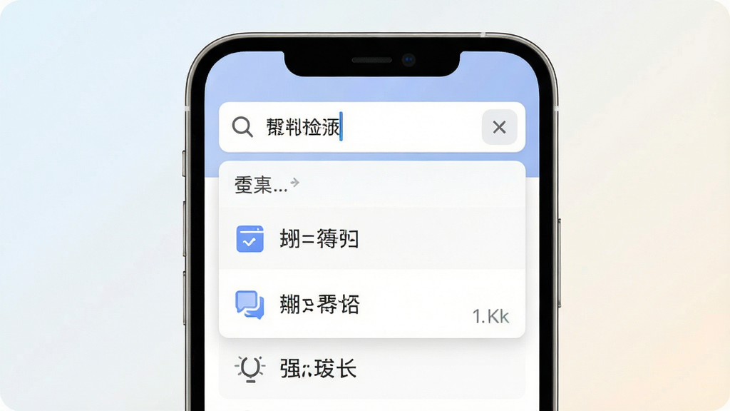 一张展示信息帮智能检索功能的界面图,画面主体为手机屏幕,屏幕中显示搜索框内输入关键词后弹出的联想列表,列表项包含文字和图标,背景为浅色渐变,风格简洁现代,细节包括搜索图标、清除按钮和结果数量提示,画质清晰,干净,无多余元素