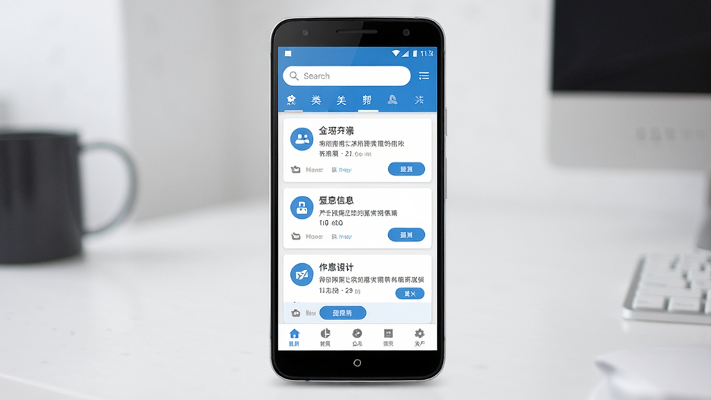 一张展示信息帮软件主界面的场景图,画面中央放置一部安卓手机,手机屏幕上显示信息帮应用首页,顶部有搜索框和分类导航,中间是信息卡片列表,底部有功能菜单栏,整体布局简洁清晰,风格为现代扁平化设计,配色以蓝白为主,细节包括图标、文字标签和按钮,画质清晰,干净,无多余元素