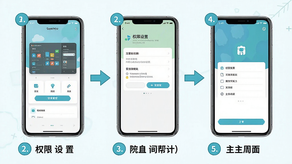 一张展示信息帮新手操作步骤的示意图,画面分为三个并列的手机屏幕,分别显示安装界面、权限设置界面和主界面,每个屏幕下方配有简短文字说明,整体风格为教程图解,配色清新,细节包括箭头引导和步骤序号,画质清晰,干净,无多余元素