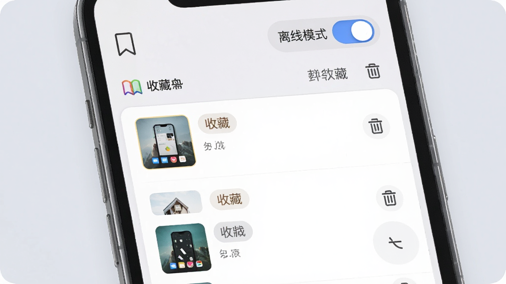 一张展示信息帮收藏与离线功能的手机界面图,画面中手机屏幕显示收藏夹列表,每个条目带有分类标签和缩略图,顶部有离线模式切换按钮,背景为柔和浅灰色,风格清新简约,细节包括书签图标、删除按钮和排序选项,画质清晰,干净,无多余元素