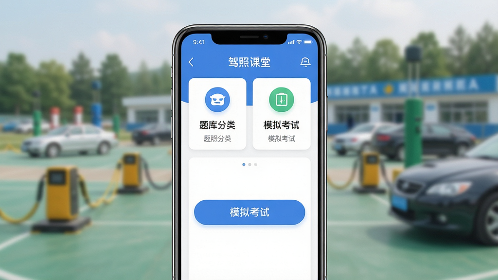 一张手机屏幕展示驾照课堂APP主界面的场景图,画面中央是手机,屏幕内显示驾照课堂的题库分类卡片和模拟考试入口按钮,背景是柔和的驾校训练场虚化场景,整体布局居中对称,风格清新简洁,细节上手机边框圆润、界面图标清晰,画质高清干净,无多余元素