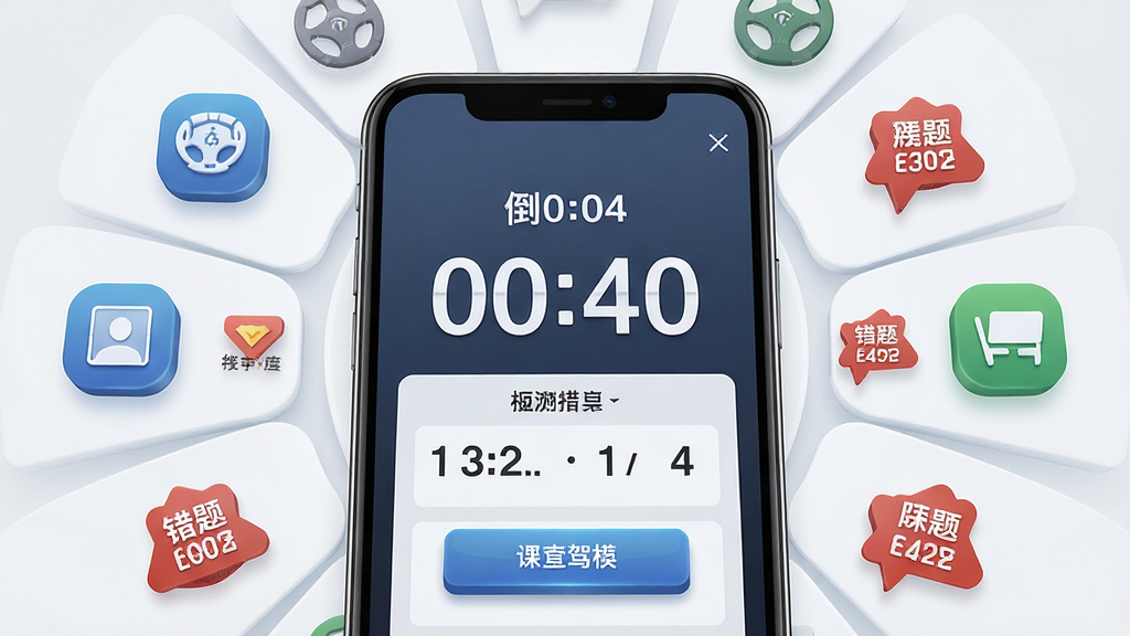 一张驾照课堂模拟考试界面的生图,画面主体为手机屏幕特写,屏幕中显示倒计时数字和答题卡布局,周围环绕着交规图标和错题标记符号,布局采用中心放射状构图,风格现代科技感,细节上数字清晰、按钮有立体感,画质高清干净,无多余元素