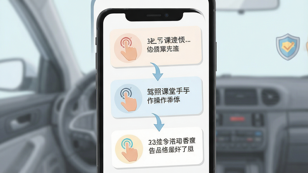 一张驾照课堂新手操作引导页面的生图,画面中手机屏幕显示分步操作指引卡片,包含手指点击图标、箭头指示和文字说明区域,布局为纵向步骤流,风格扁平化插画风,细节上图标简洁、配色柔和,画质高清干净,无多余元素