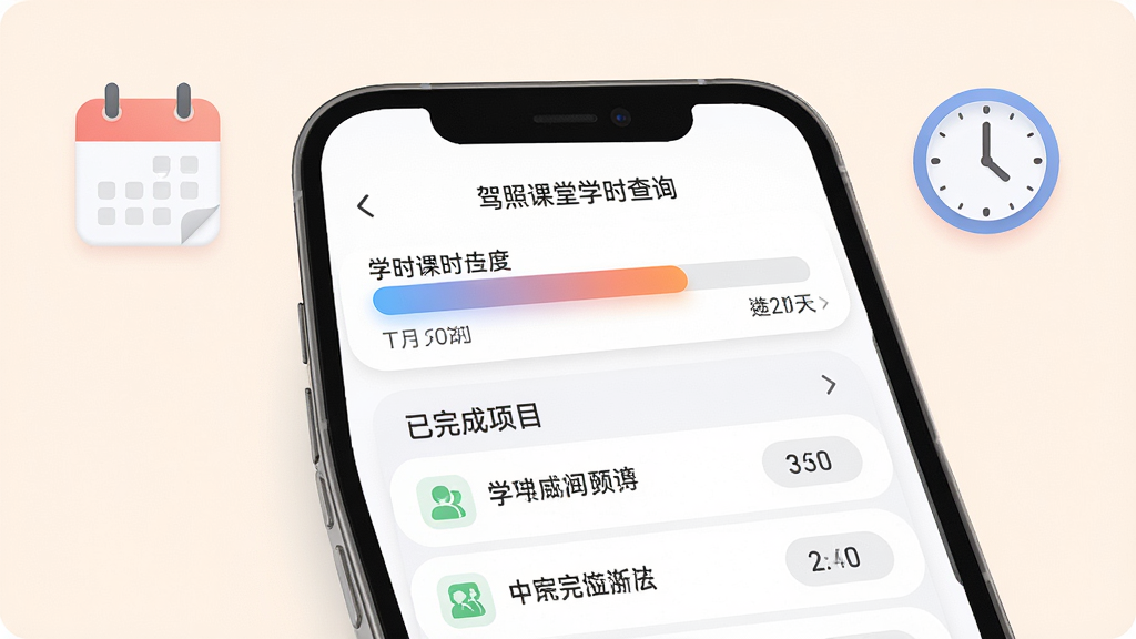 一张驾照课堂学时查询页面的生图,画面中手机屏幕显示学时进度条和已完成项目列表,旁边有日历和时钟图标点缀,布局为上下结构,风格柔和圆角,细节上进度条颜色渐变、数字清晰可读,画质高清干净,无多余元素