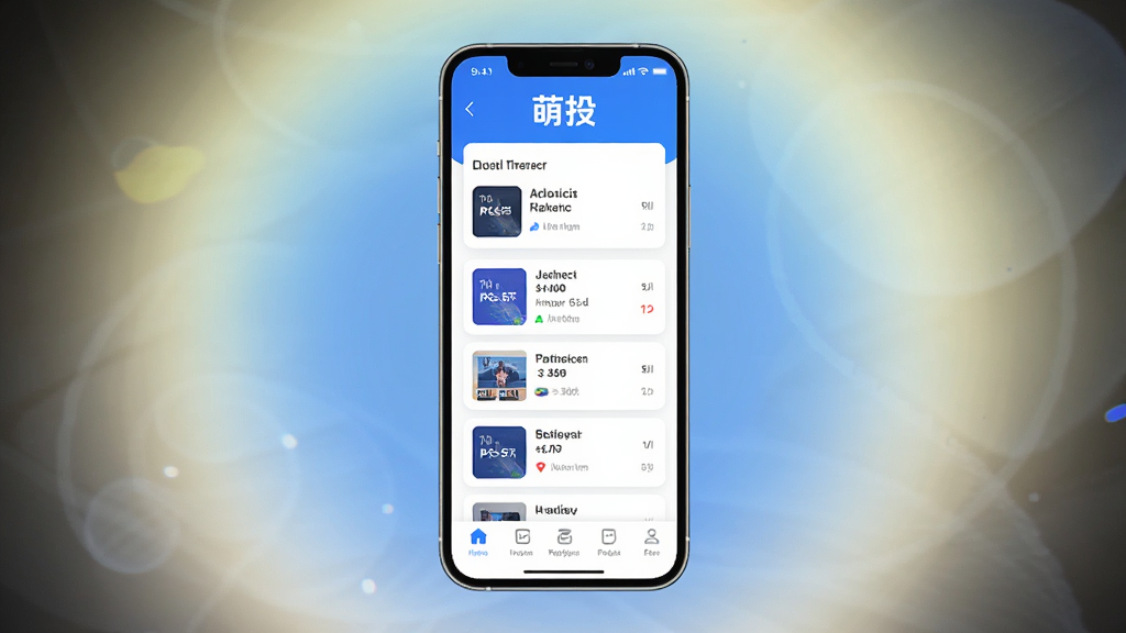 萌投APP主界面展示,手机屏幕中呈现项目列表与数据看板,界面采用清新蓝白配色,顶部显示萌投Logo,中部为卡片式项目信息流,底部导航栏清晰可见,背景为柔和渐变光晕,整体风格简洁现代,高清画质,干净无多余元素