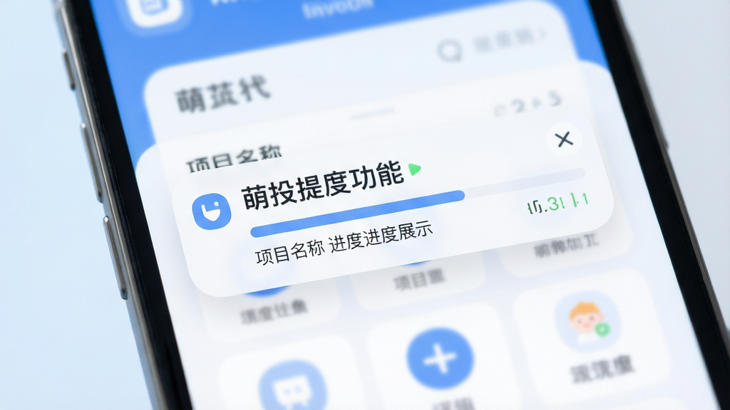 萌投进度提醒功能展示,手机屏幕弹出通知横幅,显示项目名称与进度更新提示,背景为应用主界面,界面元素柔和圆润,配色以蓝白为主,风格清新浅色,高清画质,干净无多余元素