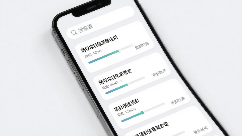 萌投项目信息聚合界面,手机屏幕显示多条项目卡片,每张卡片包含标题、进度条与更新时间,界面采用浅色背景与圆角设计,顶部有搜索框,整体布局清晰有序,风格简约商务,高清画质,干净无多余元素