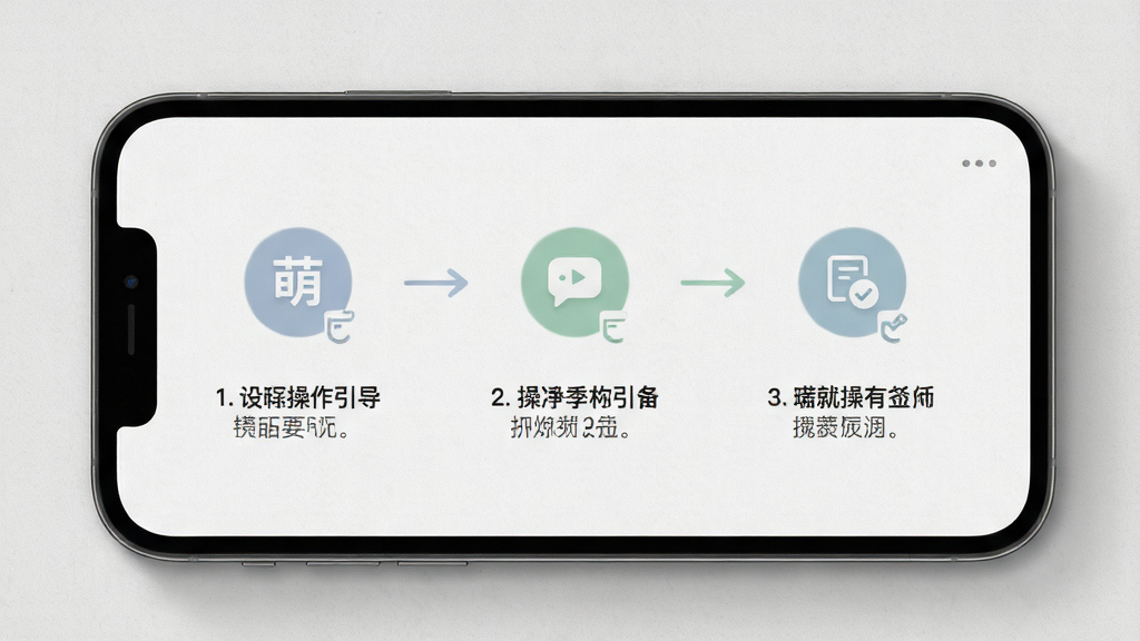 萌投新手操作引导页面,手机屏幕显示分步指引,包含箭头与文字说明,界面采用浅灰质感背景,步骤图标清晰,整体风格清爽素雅,高清画质,干净无多余元素