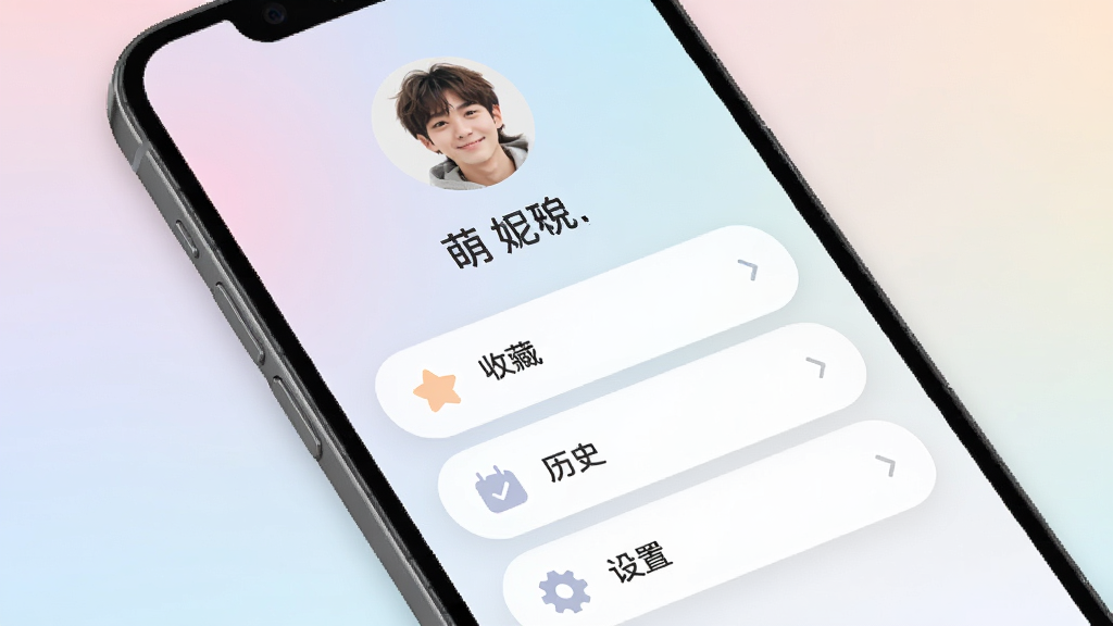 萌投个人中心界面,手机屏幕显示头像、昵称与功能列表,包括收藏、历史、设置等选项,界面采用柔和圆角卡片,背景为淡雅渐变,风格柔和圆角,高清画质,干净无多余元素