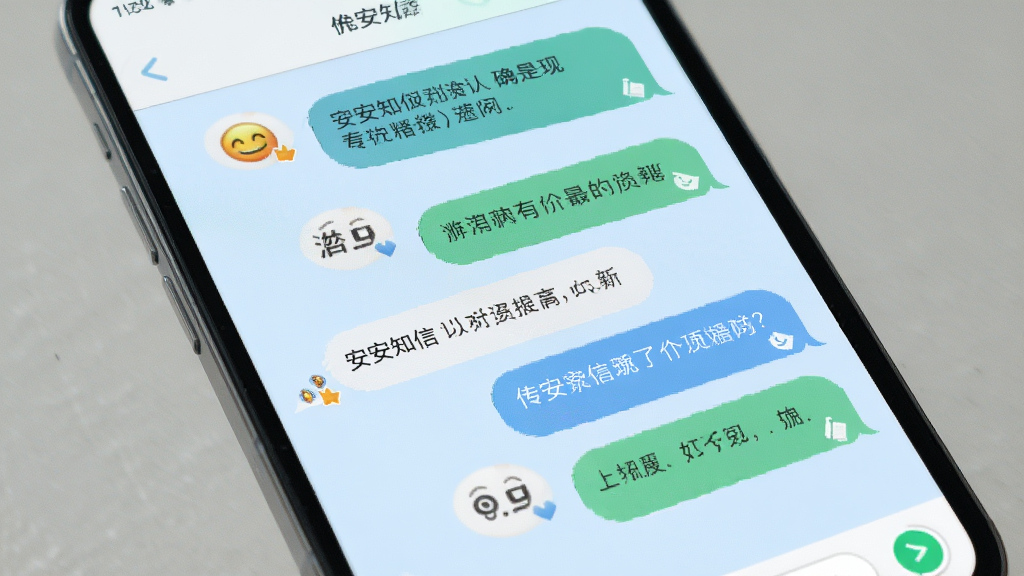 一部智能手机屏幕上显示传安知信的聊天对话界面,多条气泡消息排列整齐,包含文字与表情图标,界面配色清新,背景为柔和的浅蓝色,风格简洁明快,细节丰富,画质清晰,干净无多余元素。