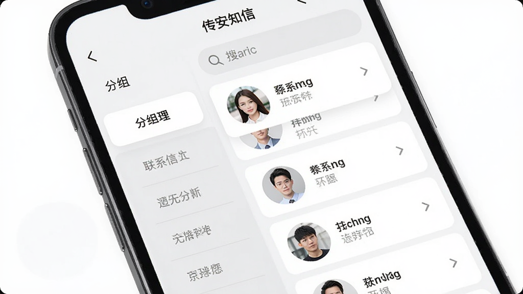 手机屏幕展示传安知信联系人管理页面,左侧为分组标签,右侧为联系人头像与名称列表,顶部有搜索框,界面采用卡片式布局,配色以白色和浅灰为主,风格素雅,细节清楚,画质干净,无多余元素。
