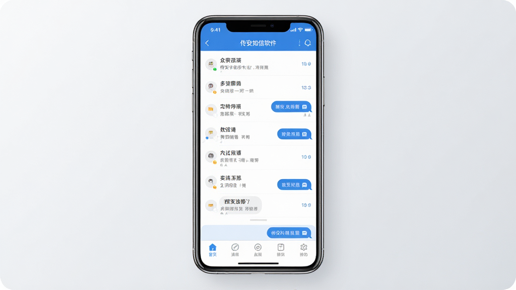 一张展示传安知信软件主界面的图片,画面中央为手机屏幕,屏幕内显示简洁的聊天列表与底部导航栏,界面以蓝白配色为主,背景为干净的浅灰渐变,风格现代简约,细节清晰,画质干净,无多余元素。
