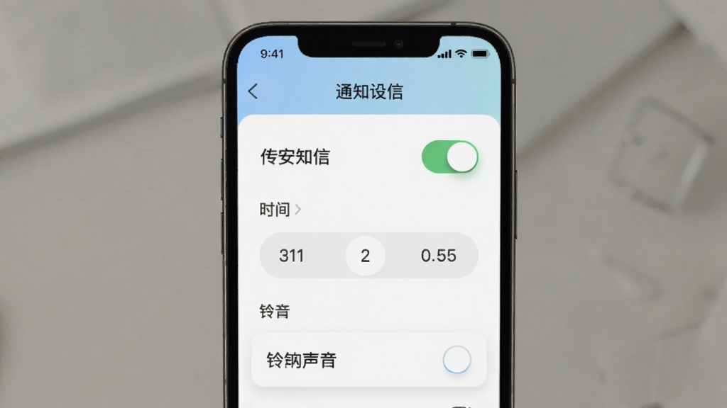 手机界面展示传安知信的通知设置页面,包含开关按钮、时间选择器和铃声选项,界面布局清晰,配色柔和,背景为浅色,风格简约实用,细节明确,画质干净,无多余元素。