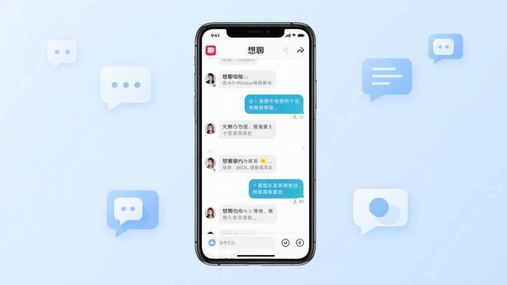 一张展示想聊手机应用界面的预览图,画面中央是一部竖屏智能手机,屏幕内显示想聊聊天列表与对话气泡,背景为浅蓝渐变,周围点缀简约聊天气泡图标,整体风格清新现代,排版居中,画质清晰干净,无多余元素