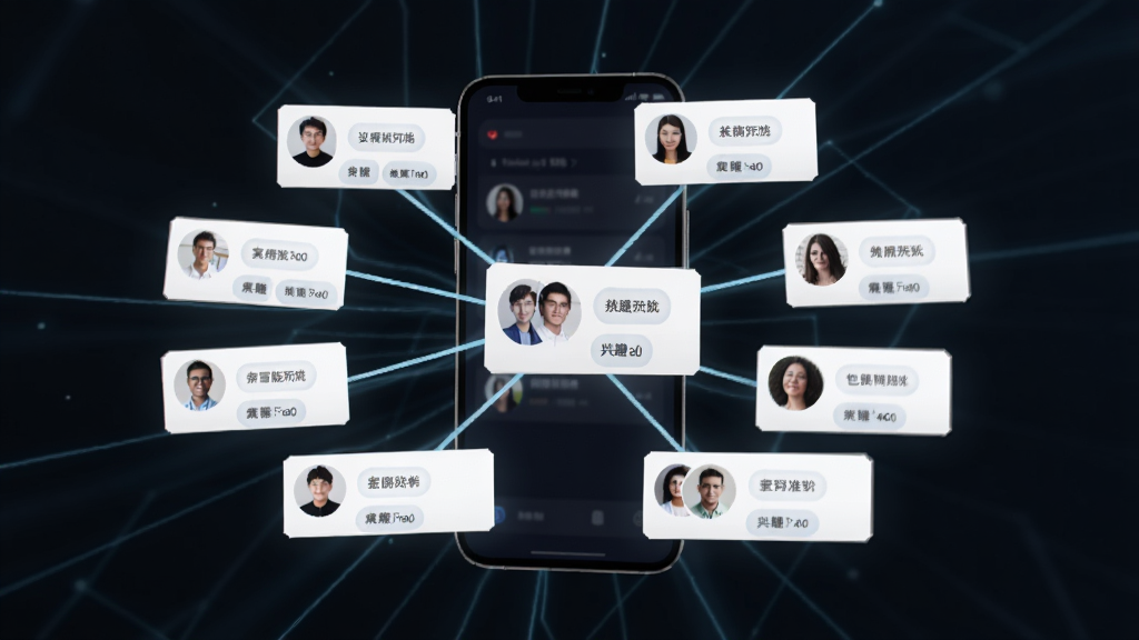 想聊应用智能匹配功能展示图,画面主体为手机屏幕中浮现多个用户头像卡片与兴趣标签,卡片之间用淡蓝色连线连接,布局呈放射状,风格简洁科技感,细节清晰,画质干净无多余元素