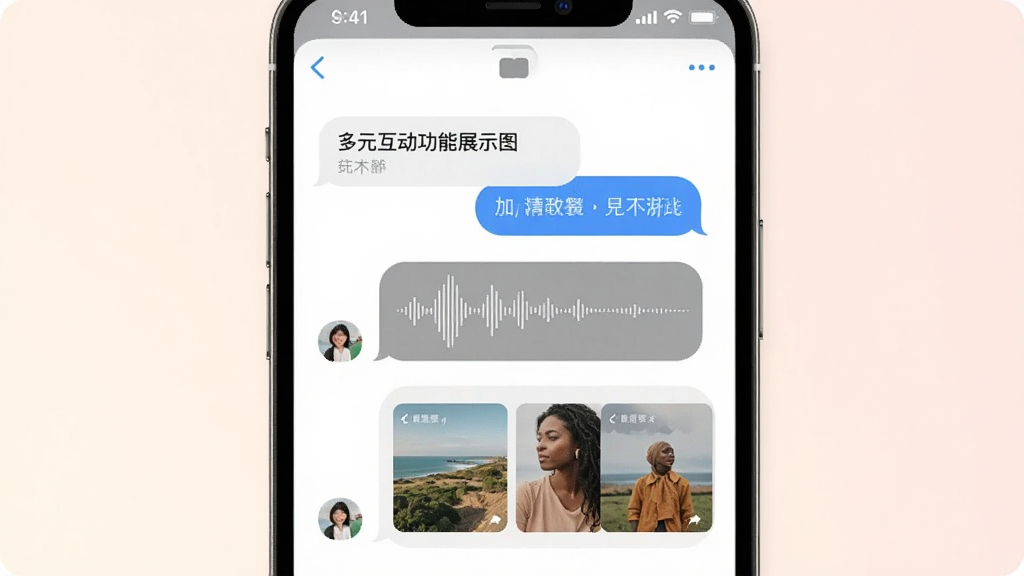 想聊多元互动功能展示图,画面中手机屏幕同时显示文字气泡、语音波形和图片缩略图三种消息类型,背景为柔和浅色,排版整齐,风格清爽,画质细腻干净