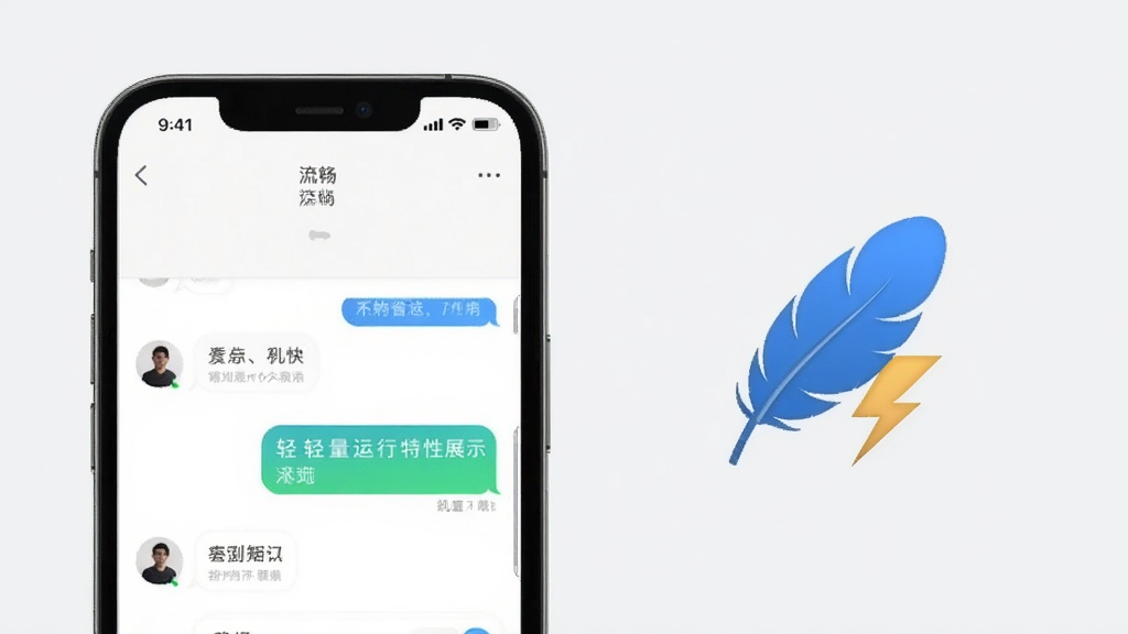 想聊轻量运行特性展示图,画面为手机屏幕显示流畅聊天界面,旁边搭配羽毛与闪电图标象征轻快省电,背景干净浅灰,风格简约,画质清晰无杂乱元素