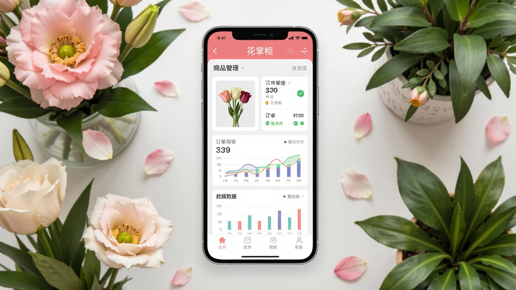 主体是一台竖屏智能手机,屏幕上展示花掌柜软件的商品管理界面,布局为手机居中、四周环绕鲜花与绿植元素,排版简洁清晰,风格为现代扁平化科技风,细节包括花瓣点缀、订单卡片、数据图表,画质高清,干净,无多余元素