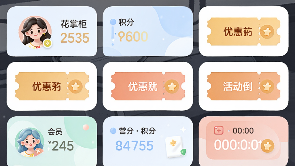 主体是花掌柜软件的会员营销页面,布局为卡片式网格,排版活泼,风格为柔和圆角风,细节包含会员头像、积分数字、优惠券图标、活动倒计时,画质高清,干净,无多余元素