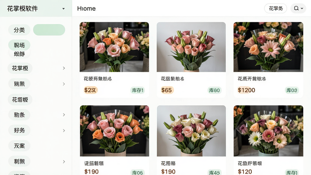 主体是花掌柜软件的商品列表页面,布局为左右分栏,左侧是分类标签、右侧是商品卡片,排版整齐,风格为清新浅色系,细节包含鲜花缩略图、价格标签、库存数字,画质高清,干净,无多余元素
