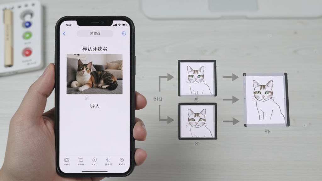 豆猫拼豆手机端操作步骤截图,画面展示一只手拿着手机,屏幕显示从导入图片到生成图纸的四个步骤缩略图,旁边有箭头标注,背景为浅灰色桌面,风格简洁教程风,细节清晰,画质干净,无多余元素