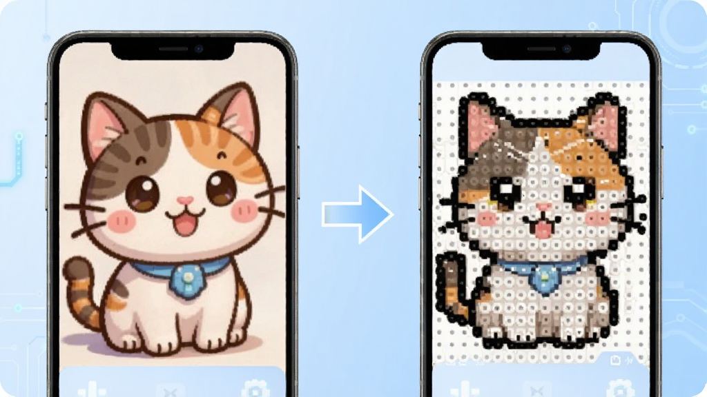 豆猫拼豆图片转图纸功能展示,画面左侧是一张卡通猫咪照片,右侧是转换后的拼豆像素图纸,中间有箭头连接,手机屏幕界面清晰,背景为淡蓝色渐变,风格简洁科技感,细节精致,画质干净,无多余元素