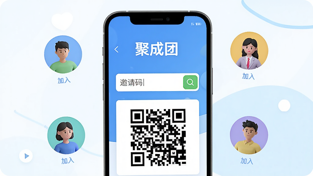 一张展示手机屏幕的图片,屏幕中显示「聚成团」团队创建界面,有邀请码输入框和二维码区域,周围有虚拟人物图标正在加入,风格为现代扁平化设计,色调明亮清新,画面中心突出「聚成团」应用界面,高清画质,无杂乱背景