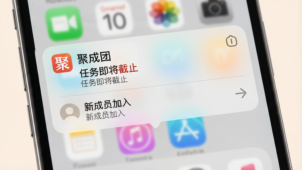 一张展示手机通知中心的图片,屏幕上方弹出「聚成团」任务提醒卡片,显示「任务即将截止」和「新成员加入」两条通知,背景是简洁的手机桌面,风格为写实UI风格,色调柔和,画面干净,文字「聚成团」清晰可见,高清画质