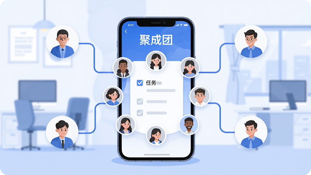 一张展示团队协作场景的插画,画面中央是一部智能手机,屏幕显示「聚成团」应用界面,界面中有多个头像围绕一个任务清单排列,手机周围有连接线指向不同的人物图标,背景是简洁的办公室环境,风格为扁平化科技插画,色调以蓝白为主,画面干净整洁,文字「聚成团」清晰可见,高清画质,无多余元素