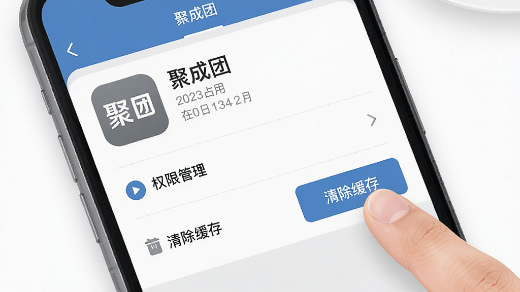 一张展示手机应用管理界面的图片,屏幕中「聚成团」应用信息页面,显示存储占用和权限管理选项,旁边有手指点击「清除缓存」按钮,风格为扁平化UI设计,色调以灰白蓝为主,画面干净整洁,文字「聚成团」清晰可见,高清画质