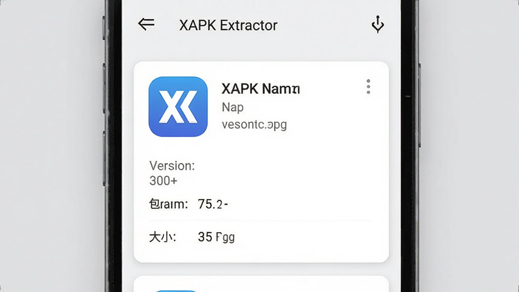 一张展示XAPK提取器应用信息展示功能的概念图,画面中手机屏幕显示应用详情页面,包含应用图标、名称、版本号、包名、大小等信息字段,界面布局清晰,采用卡片式设计,背景为白色和浅灰色搭配,整体风格简约商务,画面干净,无多余元素,4K画质