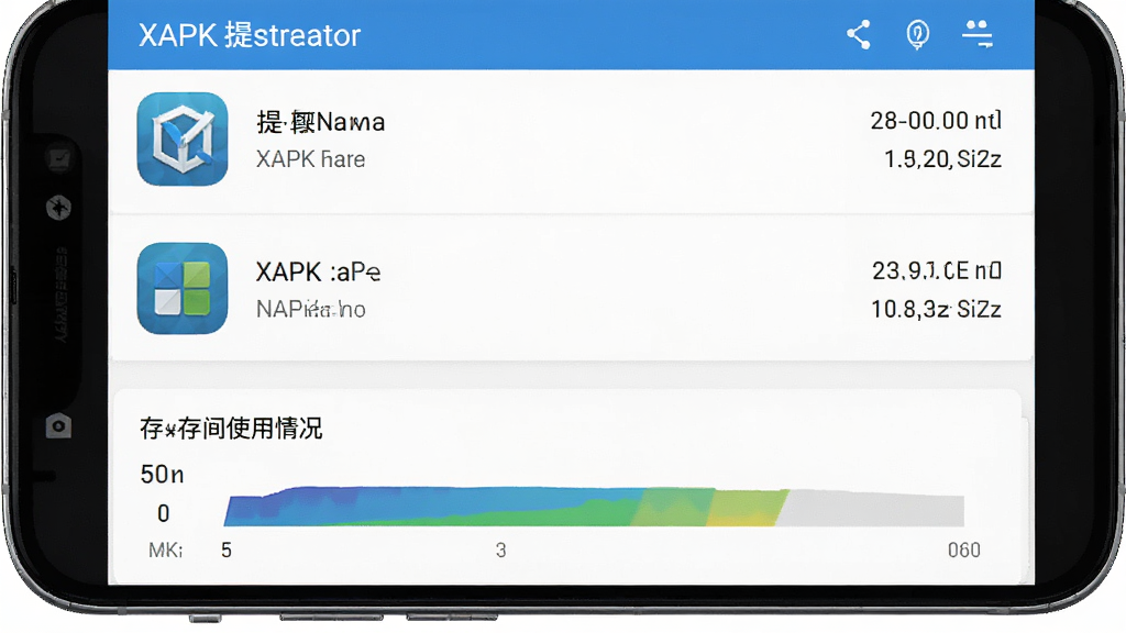 一张展示XAPK提取器提取记录与文件管理功能的概念图,画面中手机屏幕显示提取历史列表,每条记录包含应用图标、名称、提取时间和文件大小,底部有存储空间使用情况图表,界面采用列表式布局,配色为蓝白相间,整体风格清爽简洁,画面清晰,无多余元素,4K画质