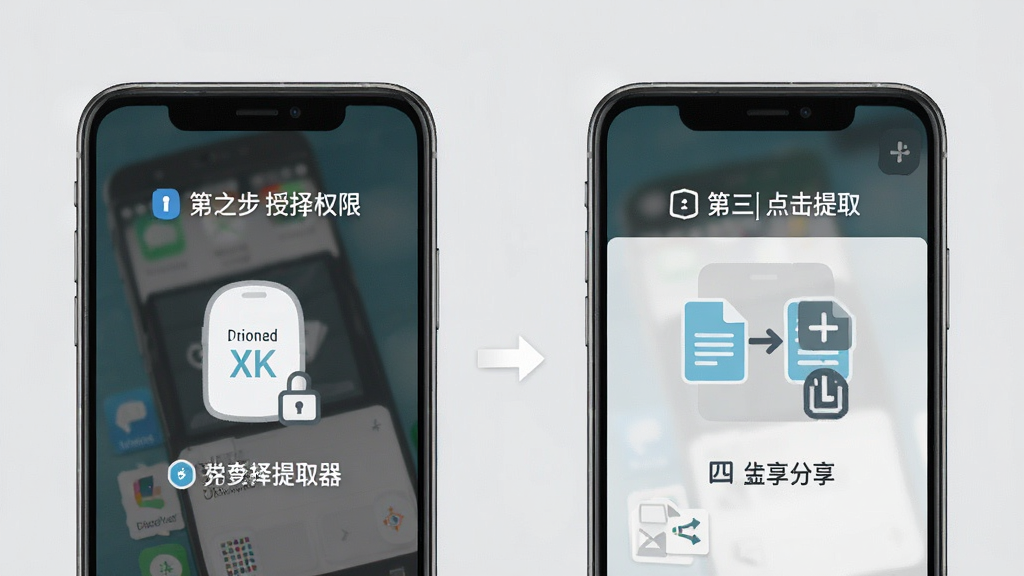 一张展示XAPK提取器新手操作步骤的概念图,画面中手机屏幕显示分步操作指引,第一步授予权限,第二步选择应用,第三步点击提取,第四步分享文件,每步配有图标和简短文字说明,背景为浅灰色,整体风格简洁明快,画面清晰,无多余元素,4K画质