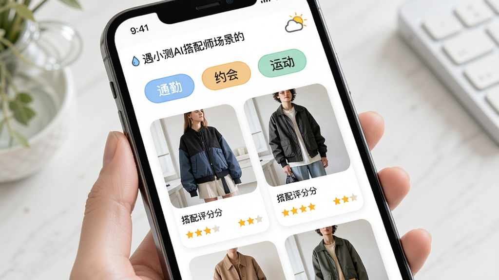 遇小测AI搭配师场景穿搭推荐界面,画面中手机屏幕显示多个场景标签如通勤、约会、运动,下方展示对应的搭配套装卡片,主体为手机界面,布局为纵向列表式,风格为清新生活化,细节包含天气图标、服装卡片、搭配评分星标,画质高清,干净,无多余元素