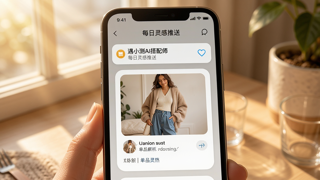 遇小测AI搭配师每日灵感推送界面,画面中手机屏幕显示早晨推送通知与穿搭灵感卡片,卡片包含模特穿搭图与单品解析文字,主体为手机与推送界面,布局为居中卡片式,风格为温暖晨间氛围,细节包含阳光光影、通知气泡、收藏按钮,画质高清,干净,无多余元素