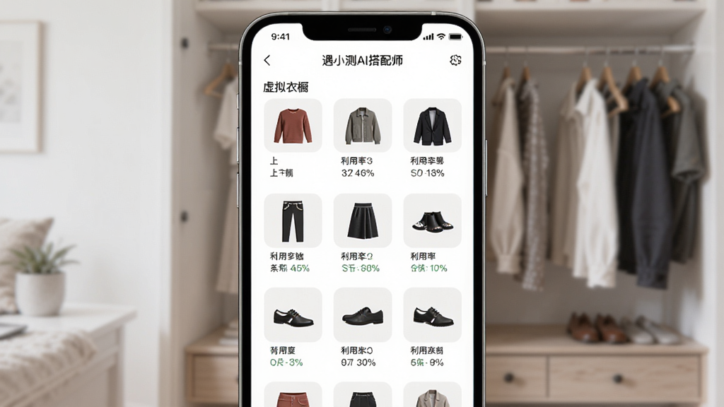 遇小测AI搭配师虚拟衣橱管理界面,画面展示手机屏幕中分类整齐的衣物图标墙,包含上衣、裤子、裙子、鞋子等分类标签,主体为手机与衣橱界面,布局为网格化陈列,风格为简约实用,细节包含衣物缩略图、分类标签、利用率百分比,画质高清,干净,无多余元素