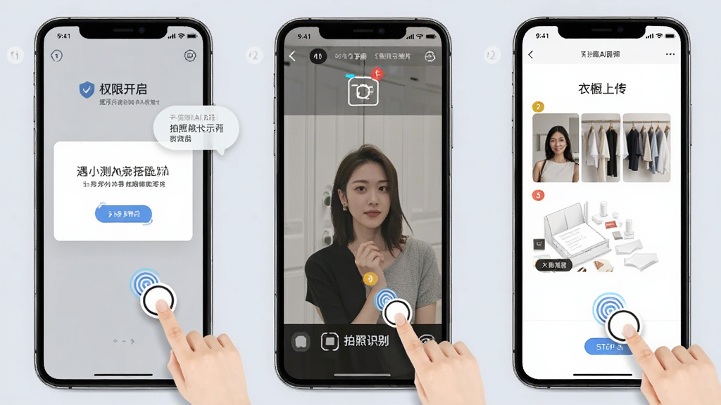 遇小测AI搭配师新手操作指引图,画面展示手机屏幕中新手引导步骤,包含权限开启提示、拍照识别示范、衣橱上传流程,主体为手机与操作界面,布局为分步截图排列,风格为简洁教学风,细节包含手指点击图标、步骤序号、提示气泡,画质高清,干净,无多余元素