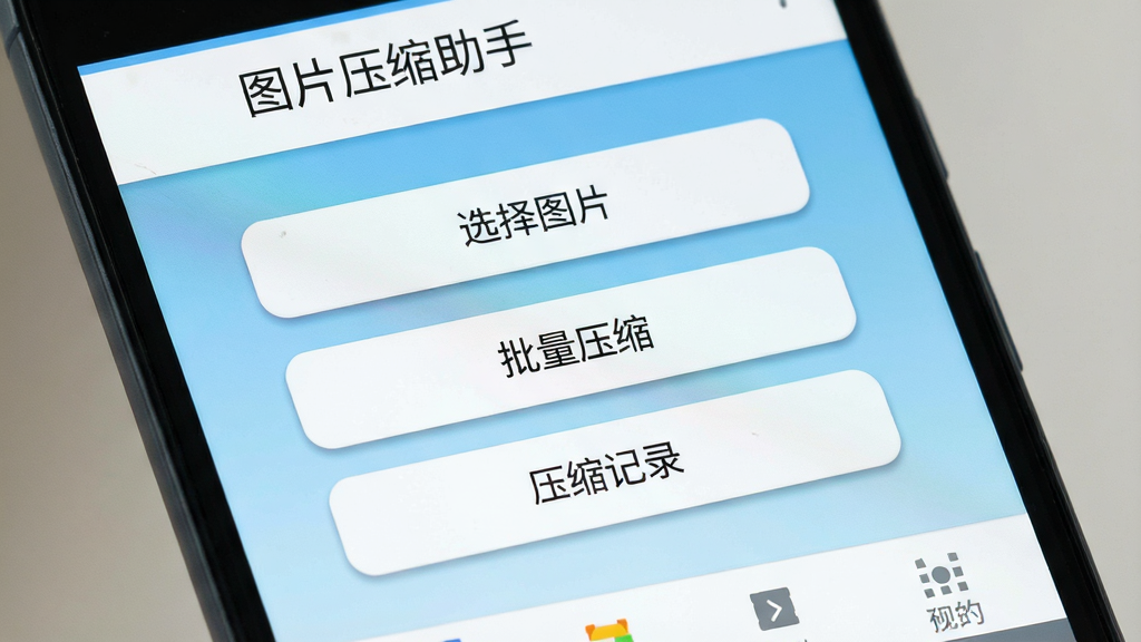 一张手机屏幕特写画面,画面中央显示一款名为“图片压缩助手”的安卓应用主界面,界面顶部有白色标题栏写着“图片压缩助手”,下方是三个大按钮,分别写着“选择图片”“批量压缩”“压缩记录”,背景是浅蓝色渐变,底部有导航栏图标,整体布局简洁明了,风格为现代扁平化UI设计,细节上按钮有轻微阴影和圆角,画质清晰,干净,无多余元素