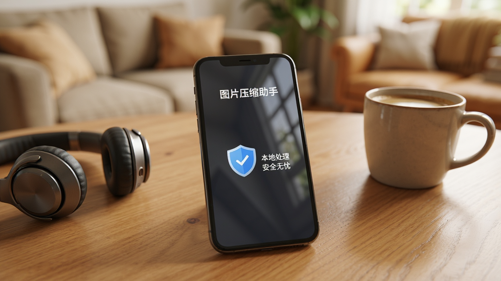 一部手机放在木质桌面上,屏幕显示“图片压缩助手”的压缩完成界面,界面中央有一个盾牌图标,旁边写着“本地处理 安全无忧”,手机旁边放着一副耳机和一杯咖啡,背景是温馨的家居环境,风格生活化,细节上屏幕有轻微反光,画质清晰,干净,无多余元素