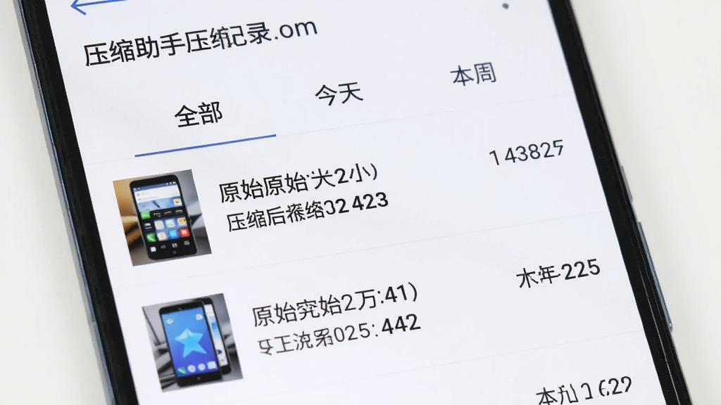 一部安卓手机显示“图片压缩助手”的压缩记录页面,列表中显示多条已完成任务,每条记录左侧有缩略图,右侧显示原始大小和压缩后大小,顶部有“全部”“今天”“本周”三个筛选标签,背景为白色,风格清爽极简,细节上文字清晰,排版宽松,画质清晰,干净,无多余元素