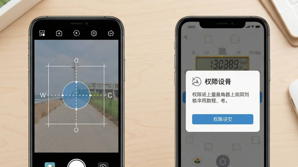 掌上量角器新手使用教程示意图,手机屏幕显示校准界面和权限设置页面,背景为浅色桌面,风格简洁明了,细节清晰,画质干净,无多余元素