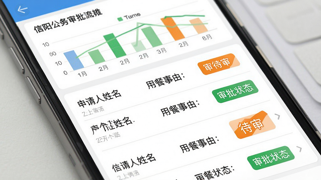 一幅展示信阳公务餐审批流程的手机界面图,画面中手机屏幕显示审批列表,每条记录包含申请人姓名、用餐事由、审批状态标签,屏幕上方有统计图表,整体布局为上中下结构,风格为简约商务风,细节包括绿色通过标签、橙色待审标签,画质高清,干净,无多余元素