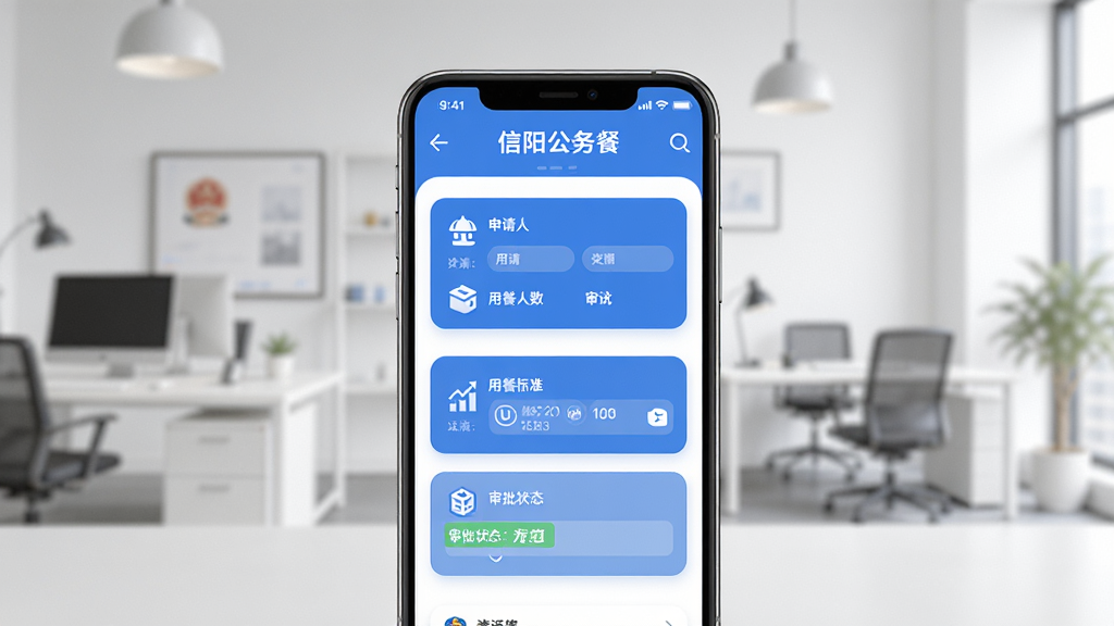一款名为信阳公务餐的手机应用界面展示图,画面中央是手机屏幕,屏幕内显示公务用餐申请页面,包含申请人、用餐人数、用餐标准、审批状态等信息卡片,背景为简洁的办公环境,整体布局居中对称,风格为现代商务扁平化设计,细节包括蓝色主色调、圆角卡片、图标元素,画质高清,干净,无多余元素
